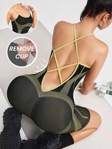 Innovista Mono deportivo sin costuras de dos tonos con sujetador incorporado, almohadillas extraíbles, rayas geométricas de carreras, elástico, yoga, mono de una pieza para gimnasio con recorte de malla, diseño transpirable y de control del abdomen para ejercicios de otoño, ropa de ocio atlético para oficina, gimnasio, trabajo desde casa, running, bicicleta y estilo utilitario chic - Multicolor - Ver 10