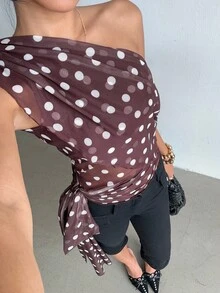 Aloruh 女士优雅不对称腰部透视系带露肩波尔卡圆点印花衬衫 - 彩色 - 查看 3