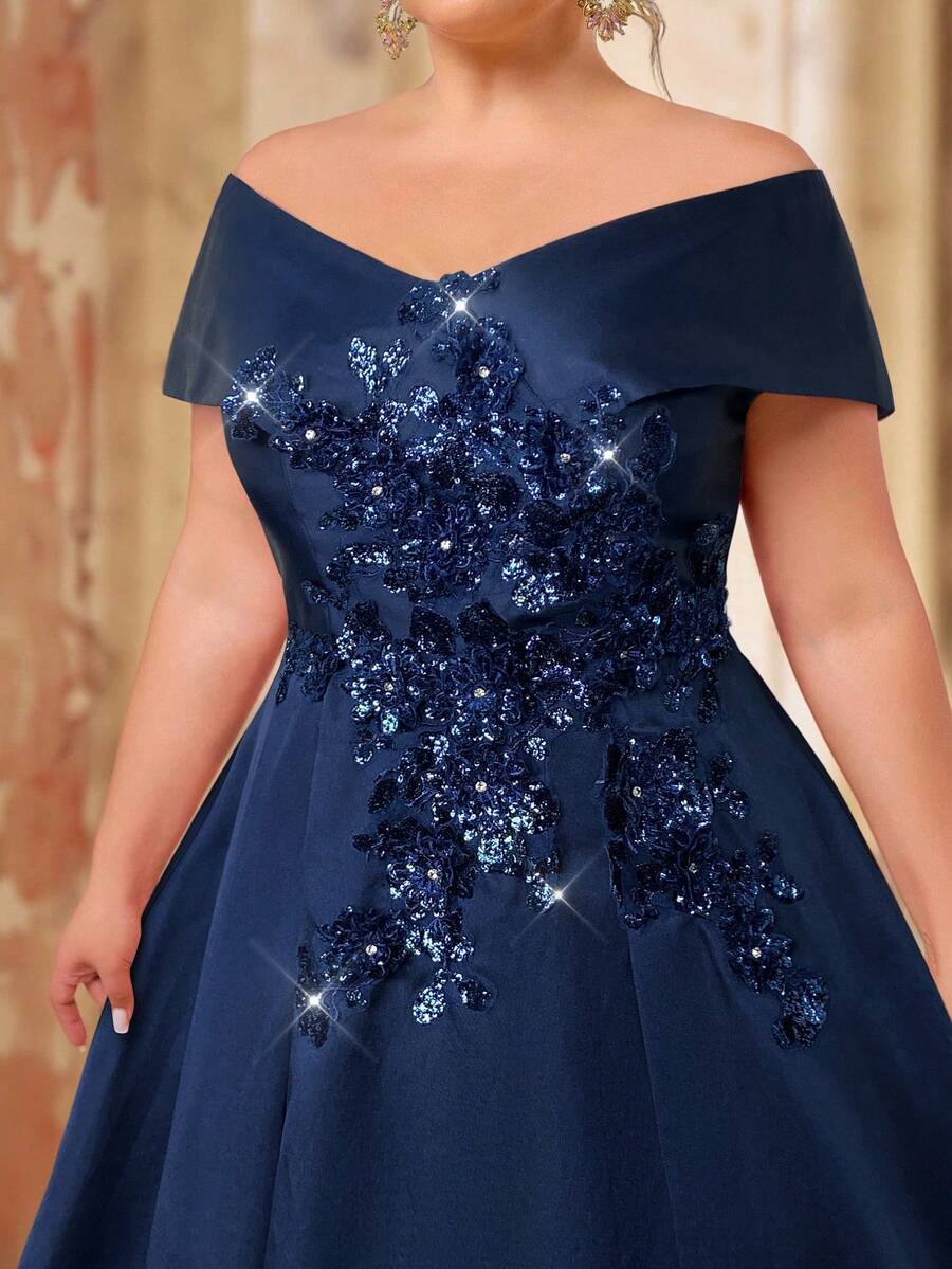 SHEIN Belle Váy maxi trễ vai thêu sequin satin màu sâm panh sang trọng lãng mạn cỡ lớn mùa hè, thích hợp cho tiệc tối, hẹn hò, vũ hội, tốt nghiệp, sự kiện đám cưới (trang trí đậm) - Màu xanh hải quân - Xem 1