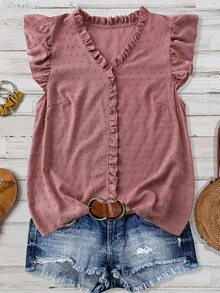 Calvaya Plus Size Women V-Neck Ruffle Sleeve Polka Dot Jacquard Casual Blouse