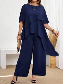 EMERY ROSE Bộ 2 áo sơ mi và quần dài màu xanh bất đối xứng phong cách Boho cho nữ cỡ lớn mùa hè - Màu xanh hải quân - Xem 3