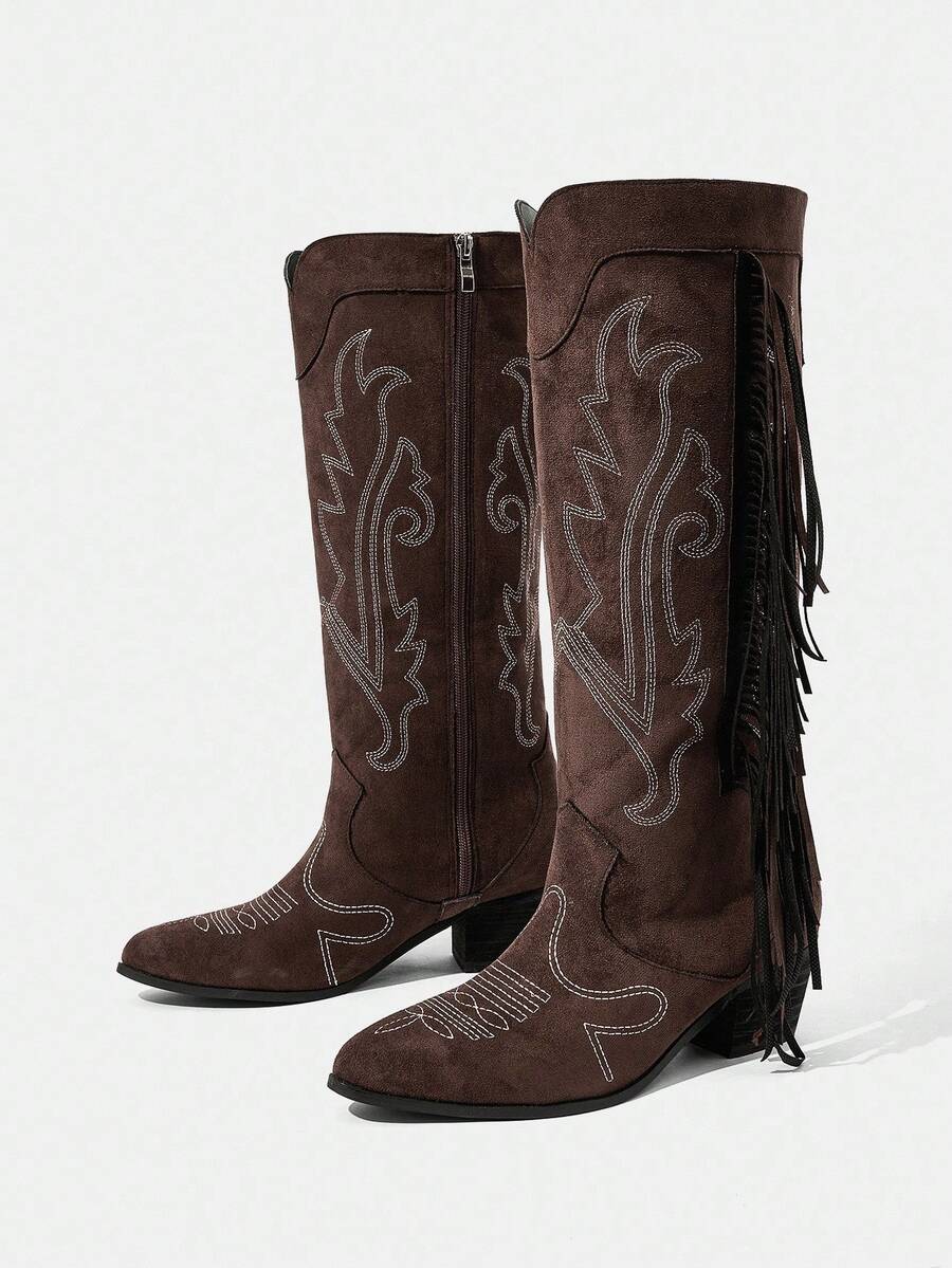 Styleloop Women's Studded, Zipper, Embroidered Decor Chunky Heel Pointed Toe Slip-On Boots, Suitable For Festivals, Outdoor, Halloween, Christmas, Autumn Outfits, Western, Core - Coffee Brown - View 1