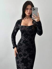 Firerie Women's Black Flocked Floral Elegant Fitted Midi Dress, Bustier Dress, Vintage Dress, Spring/Summer/Autumn, Elegant, Work, Sexy, Romantic, Date, Party, Wedding, Graduation, Performance, Concert, Work Attire, Back To School, Women's Birthday Dress,New Year Clothes