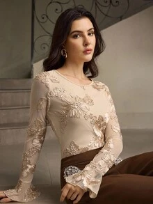 ZEYLAH 3D Floral Round Neck Solid Color Mesh Patchwork Fitted Flare Sleeve Top - Champagne - View 1