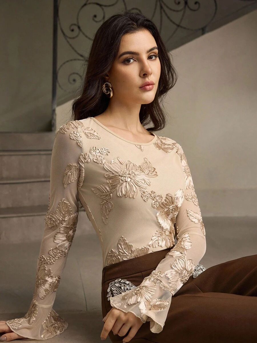 ZEYLAH 3D Floral Round Neck Solid Color Mesh Patchwork Fitted Flare Sleeve Top - Champagne - View 1