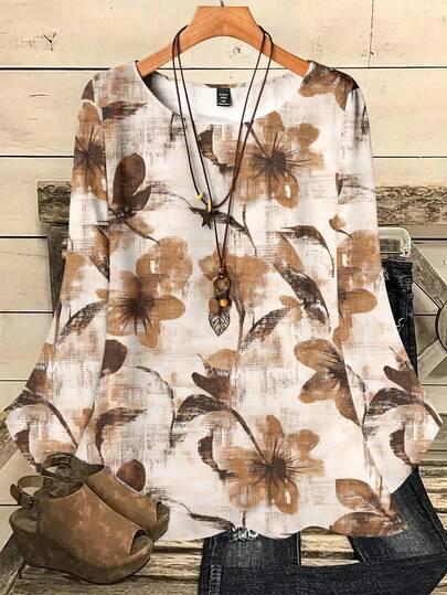 Mellowie Plus Size Casual Minimalist Allover Print Round Neck 3/4 Sleeve Shirt, Suitable For Autumn/Winter Chic Blouses For Women