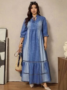 Zelara 大码牛仔效果印花长裙 - 藍色 - 查看 3