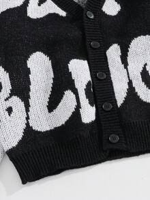 SHEIN Tween Boy Casual Black & White Contrast Letter Graphic Knit Cardigan, Autumn/Winter Boys Boy Kids Boys Kids Boy Teen Boys Fall - Black - View 6