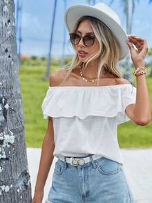 Soleia 一字肩荷葉邊素色襯衫 - 白色 - 查看 7