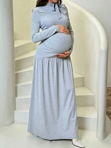 SHEIN Pregnant Women's Solid Color Minimalist Casual Tie-Front Long Sleeve Dress Long Sleeve Maternity Dress Maternity Maxi Dress Pregnancy Clothes Maternity Dress Gray Maternity Dress