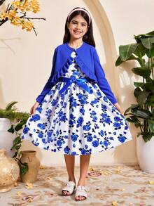 SHEIN Tween Girl Floral Print Dress & Ruffle Hem Jacket,Holiday,Summer,Travel