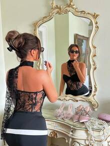 SHEIN SXY Lace Patchwork Halter Sexy Bodysuit, Black See Through , Black Lace Bodysuit,Party ,Going Out,Lace,Corset,Halloween,Club Outfits Women Sexy, Y2k,Date Night Dress