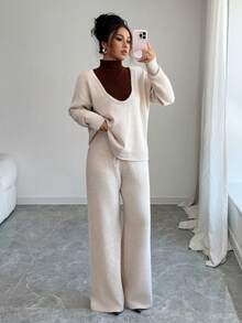 Elenzga U-Neck Slouchy Casual Knit Sweater Top + Straight Leg Knit Pants Set, Autumn/Winter - Camel - View 1