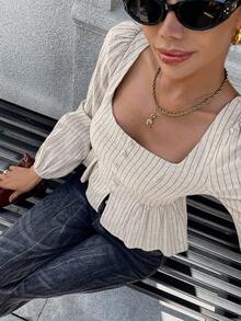 Pariaura Camisa de mujer con cuello cuadrado, mangas abullonadas y rayas, estilo francés - Caqui - Ver 7