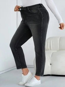 SHEIN PETITE CURVE 大码秋冬万圣节圣诞节国庆2000年代街头风生日机场商务休闲女装乡村复古低调老钱商务休闲女装工作教师女装保暖内衬牛仔裤休闲水洗高腰修身黑色牛仔裤女装大码水洗黑色牛仔裤弹力紧身牛仔裤舒适日常穿着 - 黑色 - 查看 5