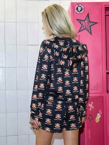 Paul Frank X ROMWE 3 件套卡通图案棉质吊带背心上衣短裤连帽长袖夹克休闲睡衣套装秋季衣服 - 黑色 - 查看 2