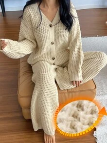 DAZY 女士简约针织宽松家居服套装，冬季睡衣，舒适套装，秋季服装 - 杏色 - 查看 1