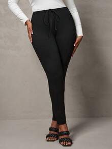 SHEIN Tall CURVE سراويل ضيقة بلون أحادي من الأنسجة المحبوكة المرنة، مناسبة للخريف والشتاء - الأسود - مشاهدة 7