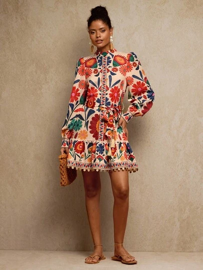 Travachic 优雅花卉印花长袖连衣裙，适合通勤