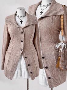 Sunspun Plus Size Women's Solid Color Turndown Collar Long Front Button Pocket Knitted Cardigan Sweater, Suitable For Autumn/Winter And Back To School Season Vintage Fall Cloth For Women