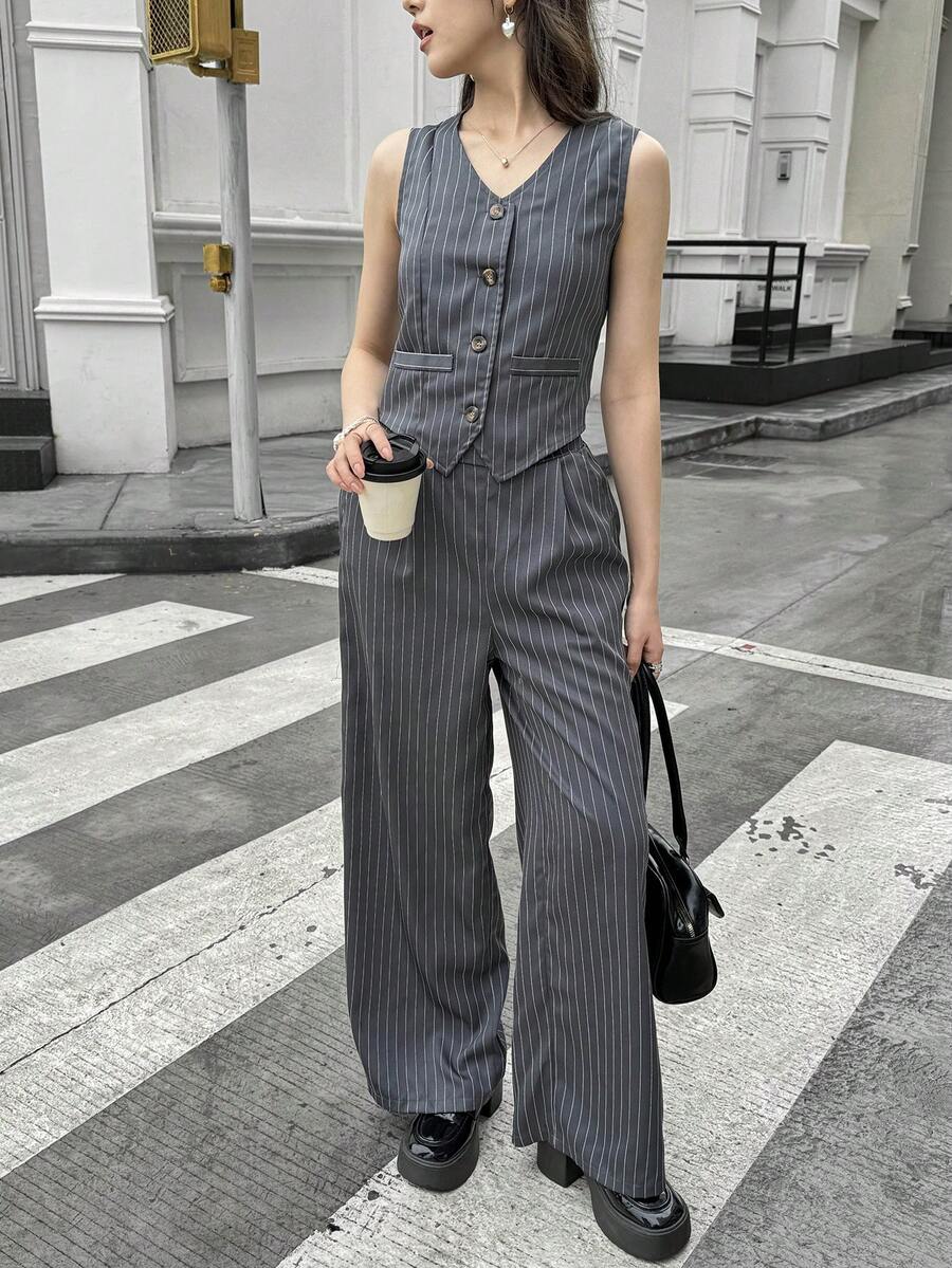 2pcs Set: Elegant Striped Vest + Suit Pants For Teens, Urban Commuting & Party Outfit - Grey - View 1