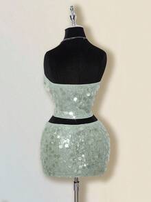 SHEIN ICON Váy khiêu vũ dự tiệc cá nhân phong cách thiên niên kỷ Y2K đơn giản cổ điển lớn đính sequin thời trang hiện đại dành cho nữ Áo ống ôm sát Chân váy ngắn cạp thấp hông Bộ đồ màu xanh lá cây - màu xanh lá - Xem 12