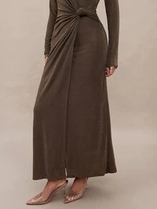 Modelyn Women's Solid Color Minimalist V-Neck Long Sleeve Dress, Casual Everyday Wear  Winter Dresses For Women   Wedding Guest Dress Elegant - Brown - View 8