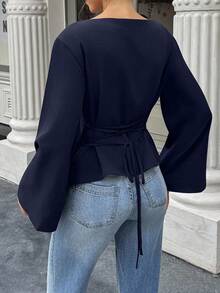 Selianne 女式纯色船领长喇叭袖腰休闲百搭衬衫 - 藏蓝色 - 查看 2