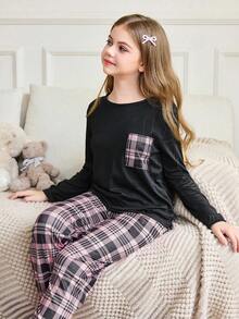 SHEIN 女童休闲针织格子口袋睡衣套装 - 黑色 - 查看 4