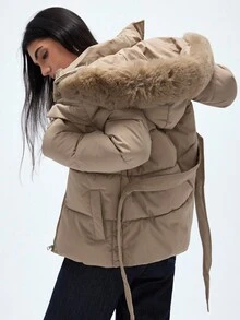 Aveloria GENKIRA 奶茶色连帽优雅休闲女式多口袋束腰棉服外套 - 卡其色 - 查看 2
