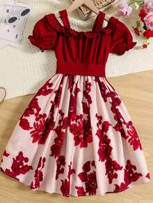 SHEIN Tween Girl Floral Print Cold Shoulder Ruffle Trim Belted Dress - Multicolor - View 2