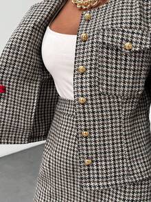 EURMUSE Bộ vest và chân váy họa tiết Houndstooth dành cho nữ – Bộ vest thanh lịch hai mảnh đính cúc vàng - màu nâu - Xem 6