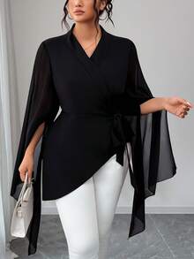 SHEIN CURVE+ 大码女式纯色雪纺透明大码袖子收腰衬衫 - 黑色 - 查看 8