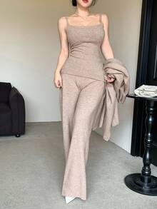 DAZY 3pcs Women Solid Color Minimalist Shawl Cardigan, Camisole, And Pants Knit Sweater Set - Khaki - View 7