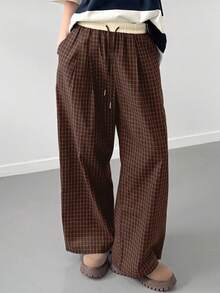 FRIFUL 女士撞色弹力腰抽绳格子直筒裤带口袋休闲裤，秋季款 - 棕色 - 查看 5