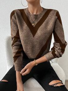SHEIN LUNE 2024秋冬新款几何条纹套头毛衣棕色条纹毛衣秋季毛衣女毛衣棕色毛衣 - 彩色 - 查看 6
