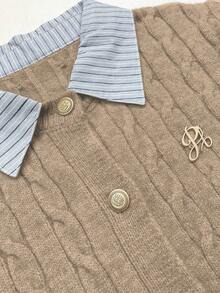 Chiquease Blogger-Inspired 2 In 1 Patchwork Knit Cropped Cardigan,Light Blue,Autumn,Elegant,School,Back-To-School European American Style Cable Ribbed Cardigan - Khaki - View 6
