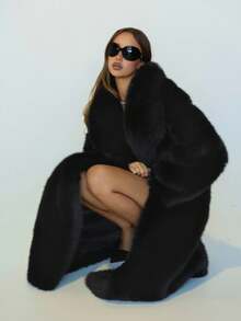 SHEIN ICON Women's Solid Color Faux Fur Collar Long Sleeve Loose Long Coat, Winter,Fall - Black - View 6