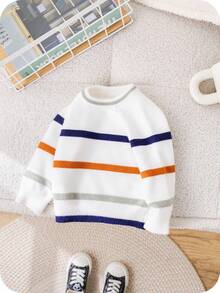 SHEIN Áo len chui đầu co giãn rộng rãi thoải mái, dễ thương, nhiều màu sắc, họa tiết sọc cho bé trai mùa thu/đông, thích hợp cho mùa tựu trường và tốt nghiệp - Nhiều màu - Xem 6