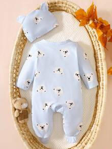 SHEIN 2pcs/Set Newborn Baby Unisex Cartoon Bear Print Long Sleeve Jumpsuit With Hat, Suitable For Daily Wear, Birthday Party, Photography In Spring, Summer, Autumn, Winter Fall - Baby Blue - View 2