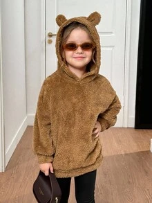 SHEIN 年轻女孩可爱棕色蓬松毛衣可爱小熊帽子小熊耳朵毛衣舒适温暖毛衣蓬松长袖连帽衫大蓬松棕色毛衣儿童秋冬款式连衣裙，适合休闲、日常穿着、上学、大学风格、返校季、派对 - 棕色 - 查看 7