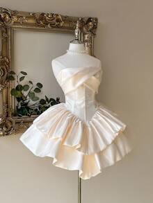 Lovelzi 浪漫、优雅、高贵的乳白色缎面双层蛋糕公主裙，适合单身派对、婚礼、毕业典礼、舞会礼服、婚礼宾客礼服 - 白色 - 查看 7