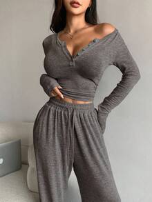 DAZY 女士两件套纯色半拉链裤装套装，秋季女装运动套装家居服套装 - 深灰色 - 查看 5