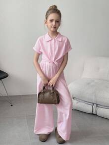 SHEIN 2 件套青少年女孩条纹棉质短袖衬衫搭配阔腿裤套装，春夏度假休闲、度假、夏季、旅行