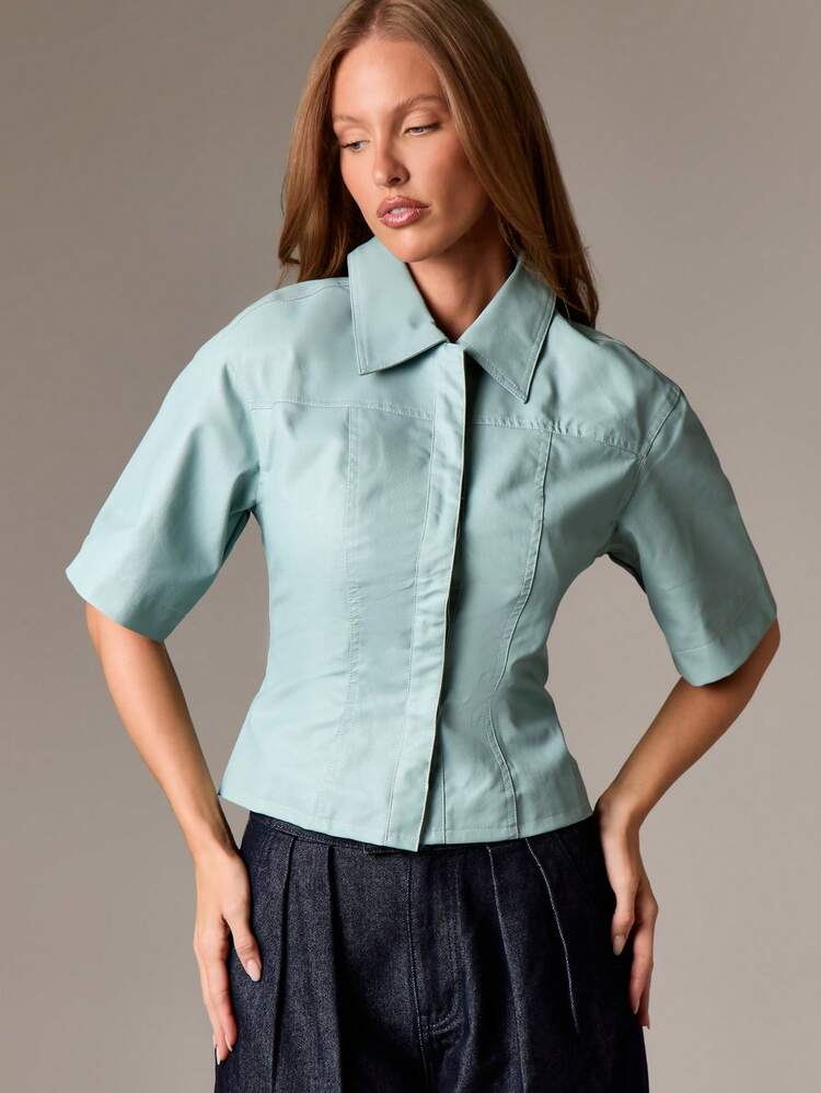 Mint Green Structured Short Sleeve Collared Jacket