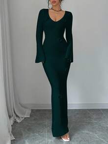 Elenzga Váy len dệt kim dài tay loe họa tiết hoa 3D cổ chữ V sâu thanh lịch dành cho nữ, thích hợp cho đám cưới, tiệc ngày lễ tình nhân, kỳ nghỉ, mặc nhà & ngoài trời, mùa thu/đông - Màu xanh lá cây đậm - Xem 6