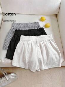 SHEIN LUNE 3pcs Women's Casual Elastic Waist Shorts Set, White Cotton Shorts, Apricot Linen Shorts, Black & White Striped Shorts, Comfortable Fabric For Daily Casual Wear, Spring/Summer