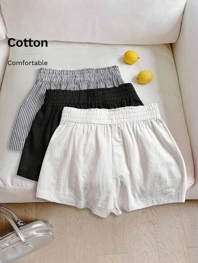 SHEIN LUNE 3pcs Women's Casual Elastic Waist Shorts Set, White Cotton Shorts, Apricot Linen Shorts, Black & White Striped Shorts, Comfortable Fabric For Daily Casual Wear, Spring/Summer,Casual