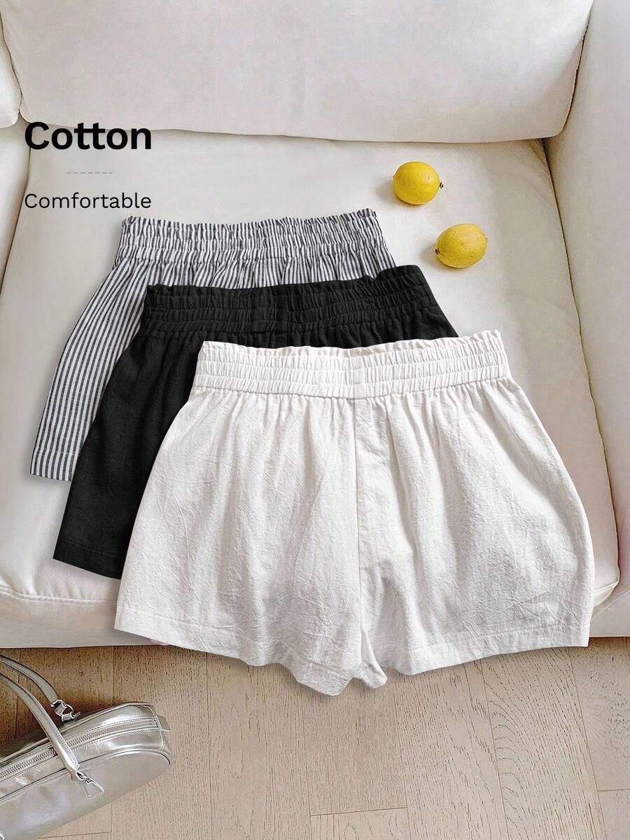 SHEIN LUNE 3pcs Women's Casual Elastic Waist Shorts Set, White Cotton Shorts, Apricot Linen Shorts, Black & White Striped Shorts, Comfortable Fabric For Daily Casual Wear, Spring/Summer