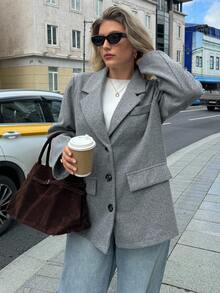 Auralis 大码女装秋冬时尚休闲宽松舒适日常基本款灰色百搭粗花呢西装外套、秋装、冬装、外出装、女式西装外套 - 灰色 - 查看 6